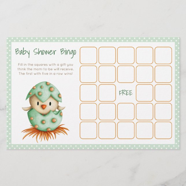Tarjeta de bingo Baby Shower Neutral verde para la (Anverso)