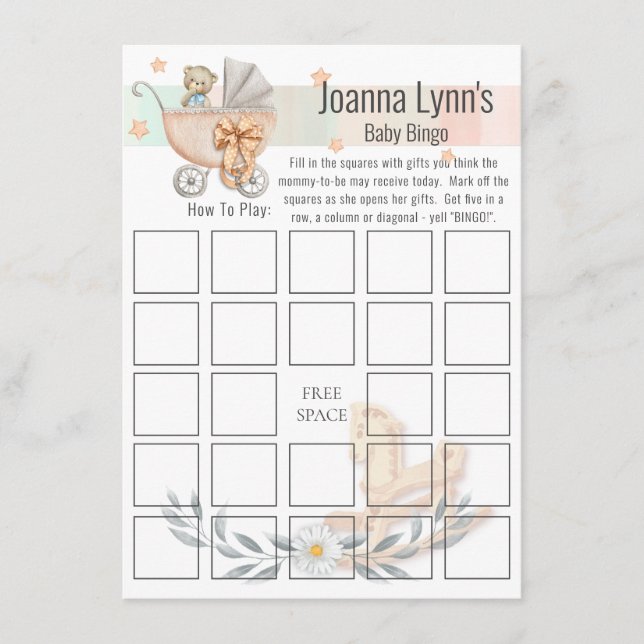 Tarjeta de bingo Baby Shower | Oso y caballo de ro (Anverso)