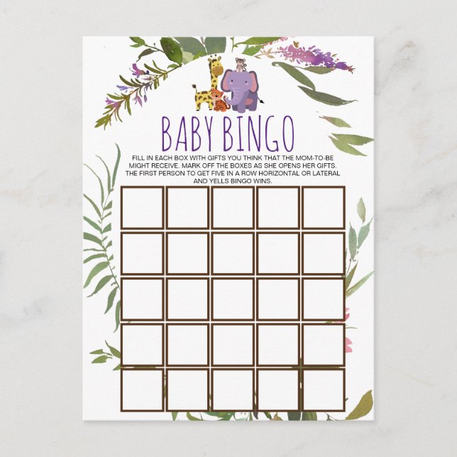 Tarjeta de bingo Baby Shower para animales de Safa (Anverso)