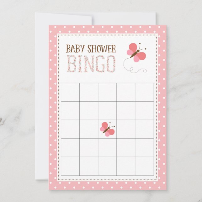 Tarjeta de bingo Baby Shower para mariposa rosa (Anverso)