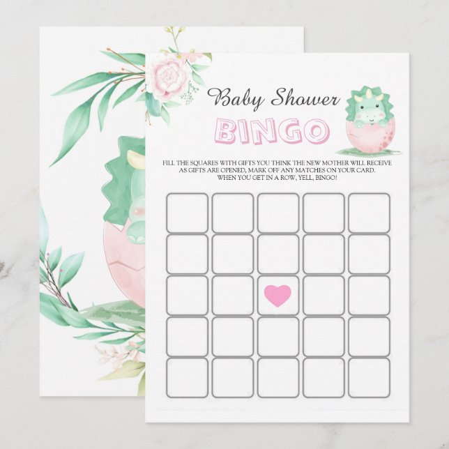 Tarjeta de Bingo Baby Shower Peony de Dinosaurio R (Anverso / Reverso)