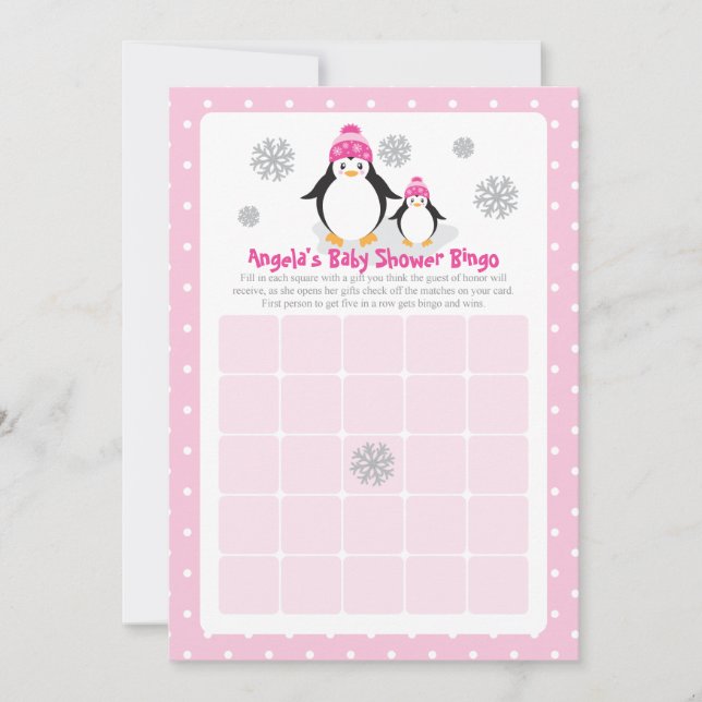 Tarjeta de Bingo Baby Shower Pink Penguin (Anverso)