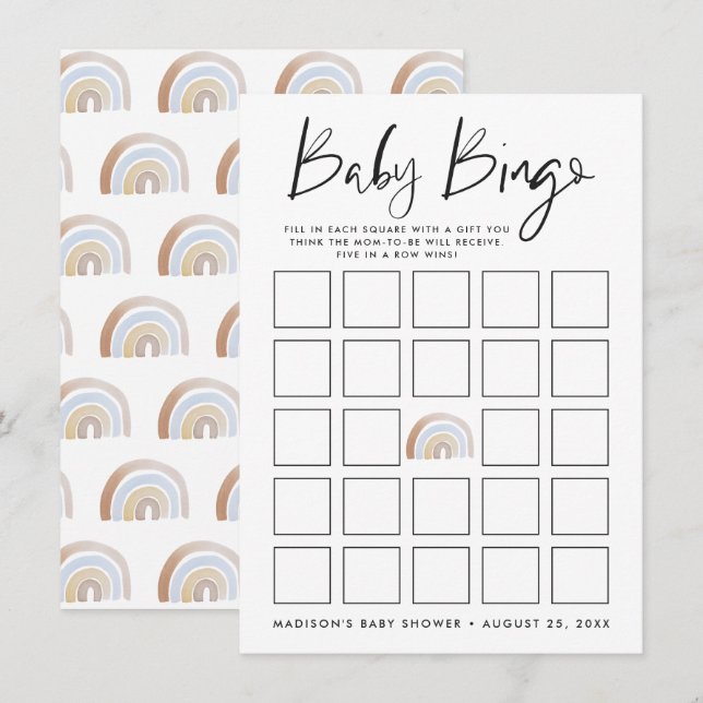 Tarjeta de Bingo Baby Shower Rainbow de color agua (Anverso / Reverso)