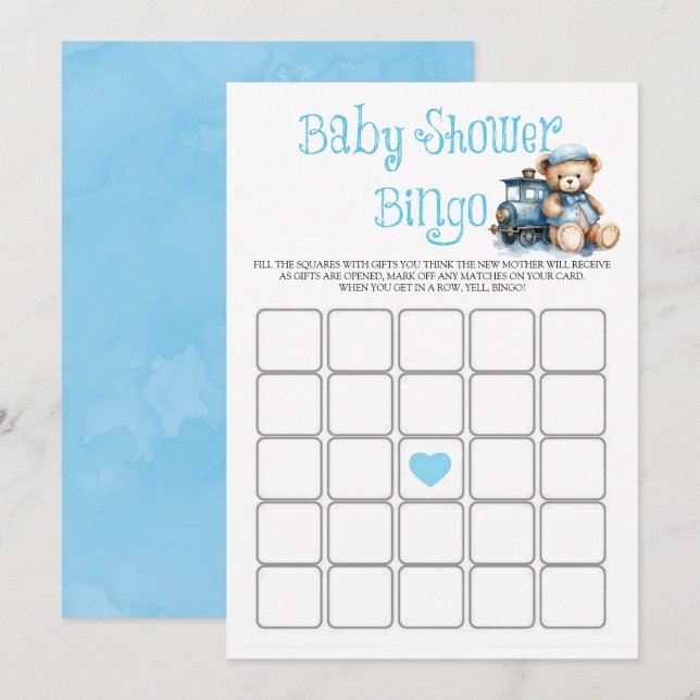 Tarjeta de Bingo Baby Shower Teddy Bear Train Boy (Anverso / Reverso)