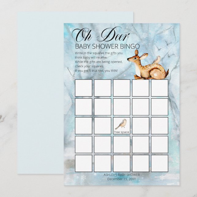 Tarjeta de bingo Baby Shower Woodland Animals Wint (Anverso / Reverso)