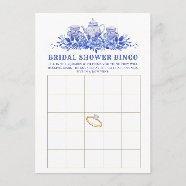 Tarjeta de bingo Blue Floral Bridal Shower Bingo (Anverso)