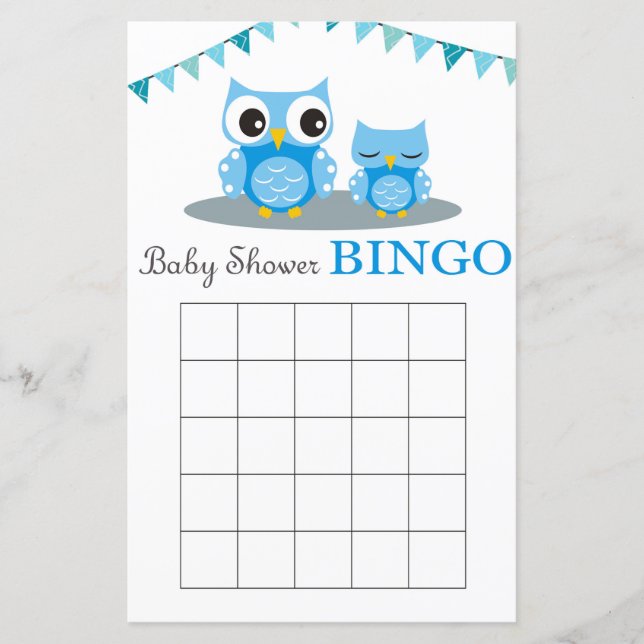 Tarjeta de bingo con ducha de bebé de Lechuza Azul (Anverso)