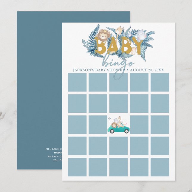 Tarjeta de bingo de Baby Shower | Animales Safari (Anverso / Reverso)