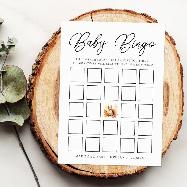 Tarjeta de bingo de Baby Shower Cute Woodland Squi (Subido por el creador)