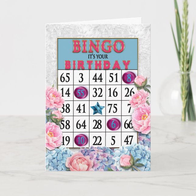 Tarjeta de bingo de cumpleaños y flores azules ros (Anverso)