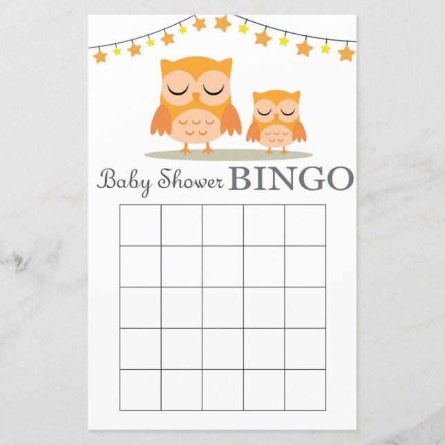 Tarjeta de bingo de ducha de bebé búho (Anverso)