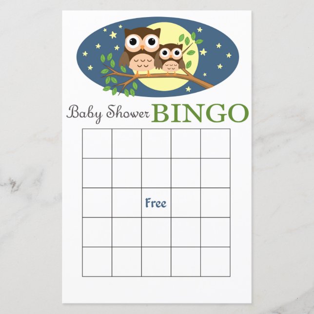 Tarjeta de bingo de ducha de bebé búho (Anverso)