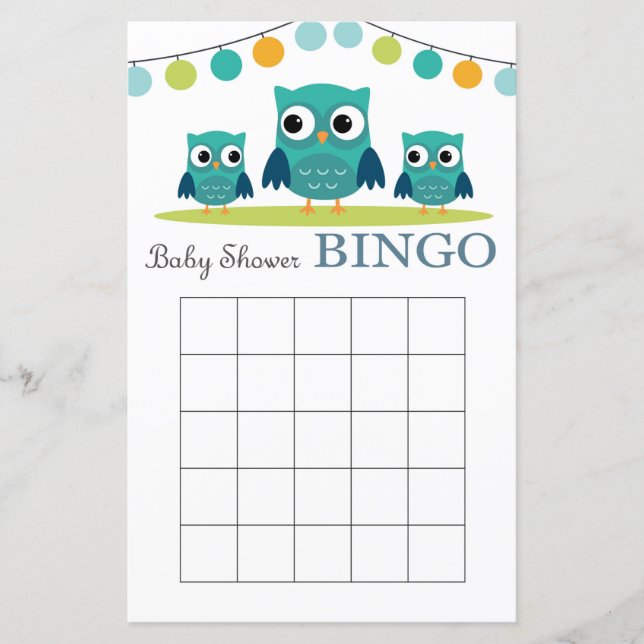 Tarjeta de bingo de ducha de bebé de búho, bingo d (Anverso)