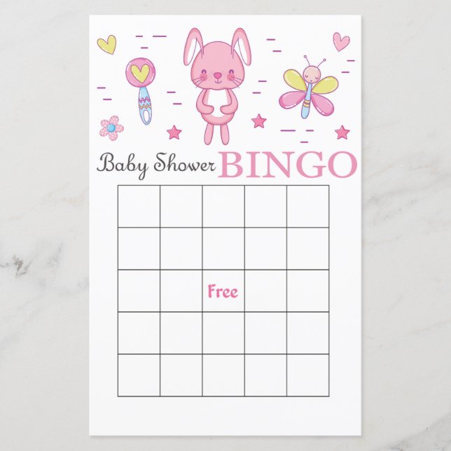 Tarjeta de bingo de ducha de bebé de conejo rosa (Anverso)