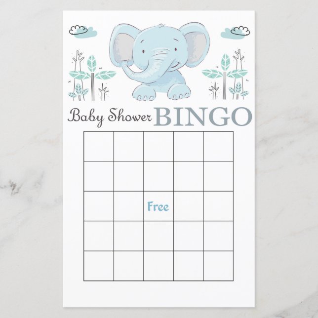 Tarjeta de bingo de ducha de bebé de elefante azul (Anverso)