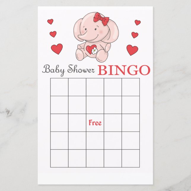 Tarjeta de bingo de ducha de bebé de elefante rosa (Anverso)