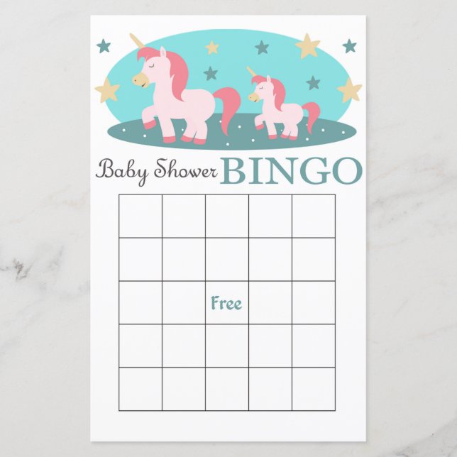 Tarjeta de bingo de ducha de bebé de Unicorn (Anverso)