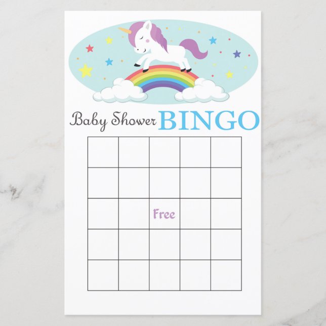 Tarjeta de bingo de ducha de bebé de Unicorn (Anverso)