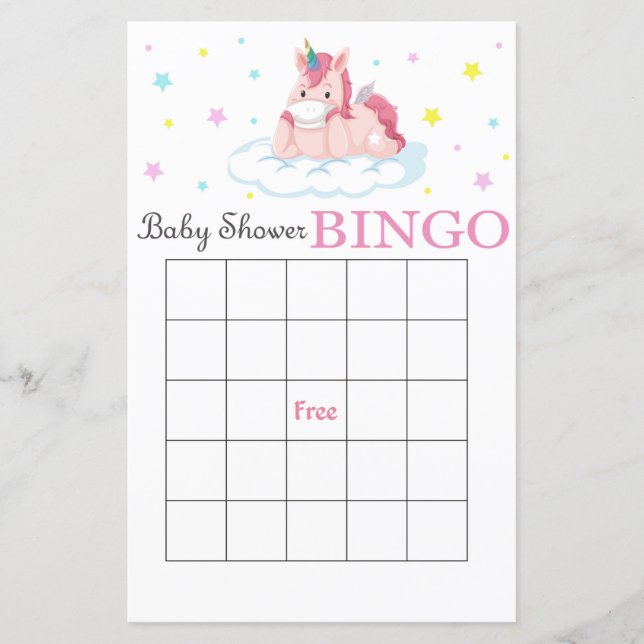 Tarjeta de bingo de ducha de bebé de Unicornio (Anverso)