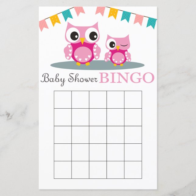 Tarjeta de bingo de ducha de bebé Lechuza Rosada (Anverso)