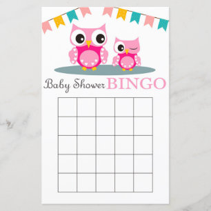 Tarjeta de bingo de ducha de bebé Lechuza Rosada