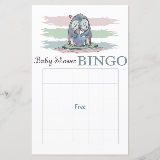 Tarjeta de bingo de ducha de bebé pingüino (Anverso)
