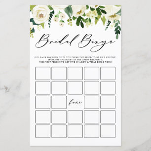Tarjeta de bingo de ducha de novia con flores blan