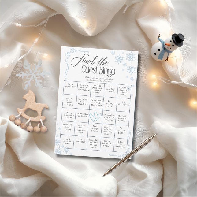 Tarjeta de Bingo de Invitado de Coquette de Invier (Winter Coquette blue Find The Guest Bingo Card)
