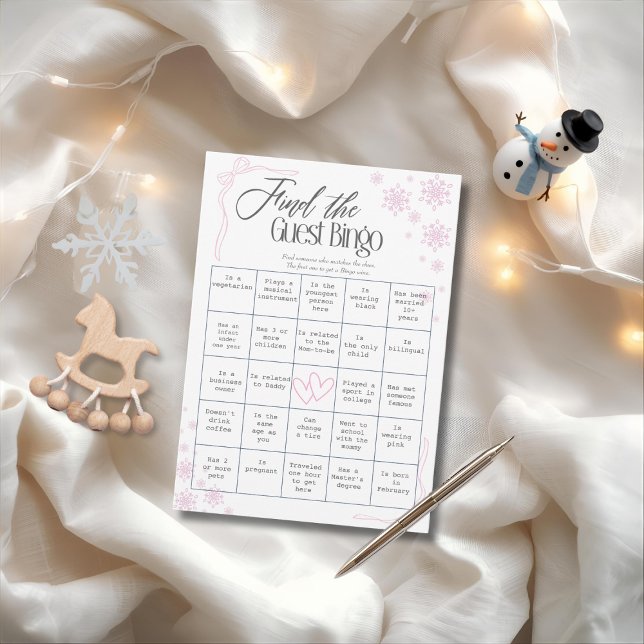 Tarjeta de Bingo de Invitado de Coquette de Invier (Winter Coquette pink Find The Guest Bingo Card)