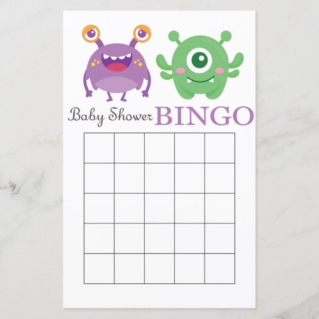Tarjeta de bingo de la ducha de bebé de Monster (Anverso)