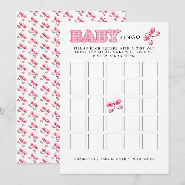 Tarjeta de bingo de mariposa mosca rosa chica bebé (Anverso / Reverso)