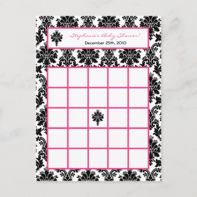 Tarjeta de Bingo Escrita Damasco Blanco Negro Pink (Anverso)