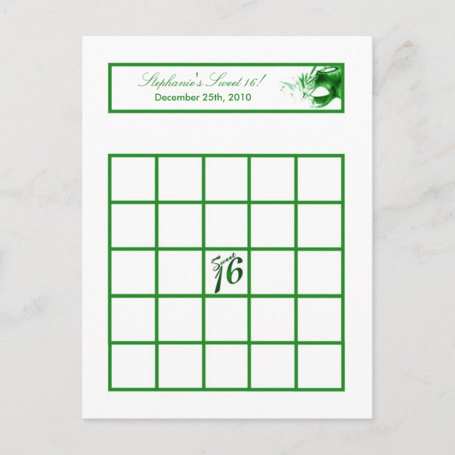 Tarjeta de bingo grabable dulce 16 Fiesta verde (Anverso)