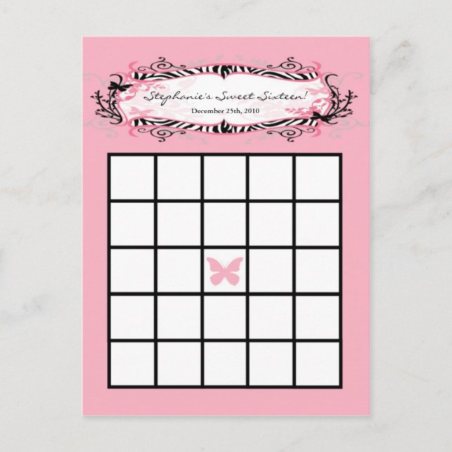 Tarjeta de bingo grabable Girly Butterfly Zebra Im (Anverso)