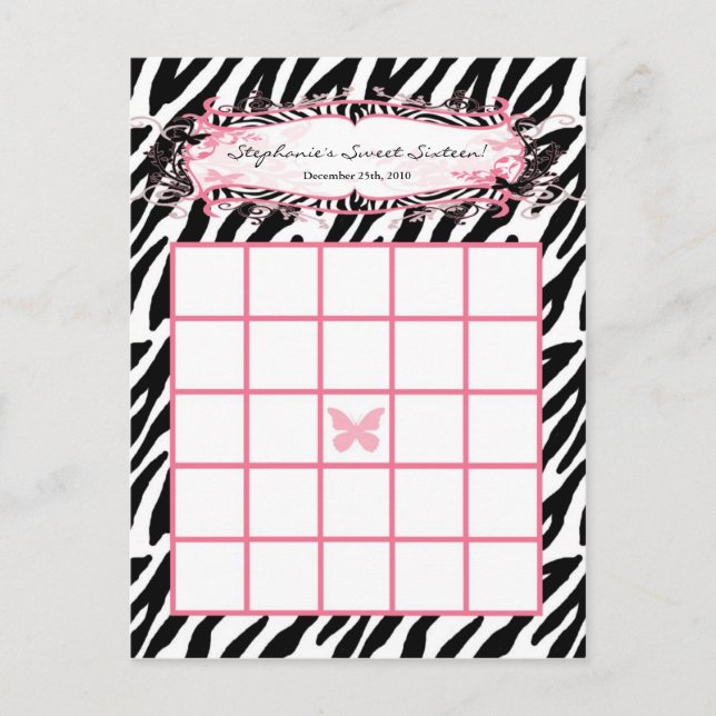 Tarjeta de bingo grabable Girly Butterfly Zebra Im (Anverso)