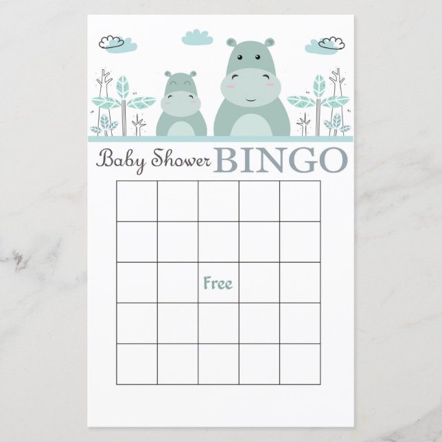 Tarjeta de bingo Hippo azul para la ducha de bebé (Anverso)