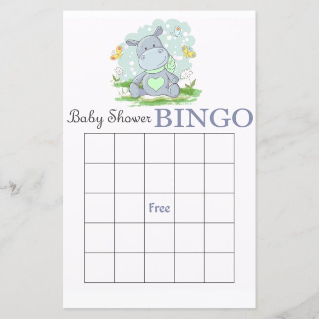 Tarjeta de bingo hippo azul para la ducha de bebé (Anverso)