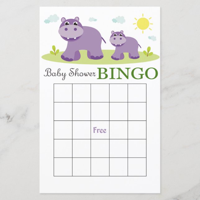 Tarjeta de bingo Hippo para la ducha de bebé (Anverso)