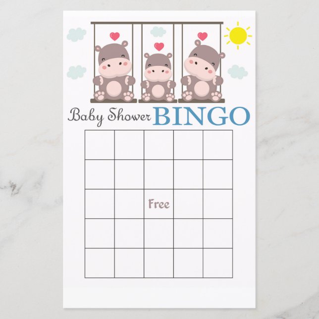 Tarjeta de bingo Hippo para la ducha de bebé (Anverso)