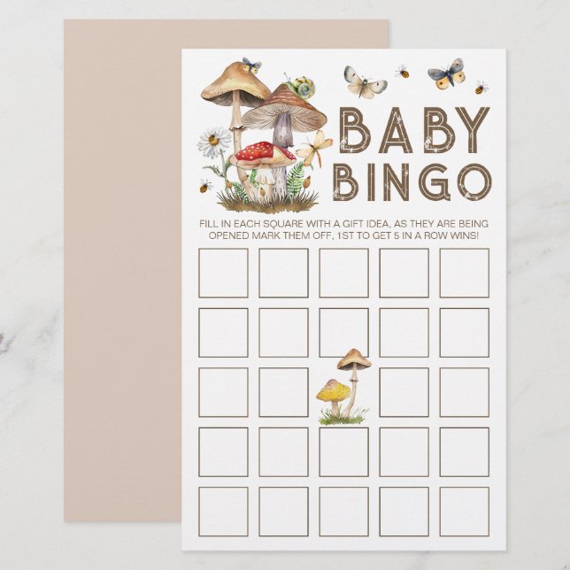 Tarjeta de bingo Mushroom Woodland Baby Shower | W (Anverso / Reverso)
