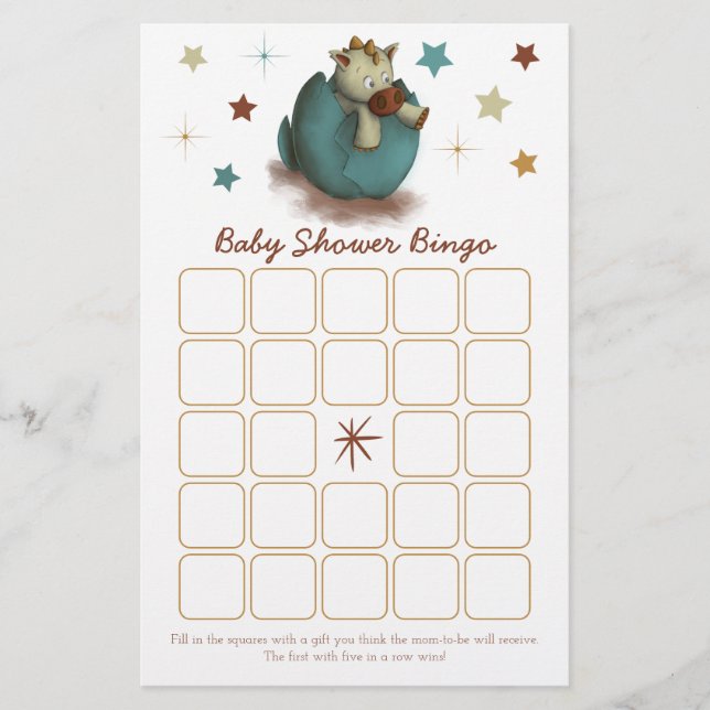 Tarjeta de Bingo Neutral Baby Shower Hatching Dino (Anverso)