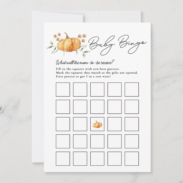Tarjeta de Bingo Neutral Baby Shower para calabaza (Anverso)