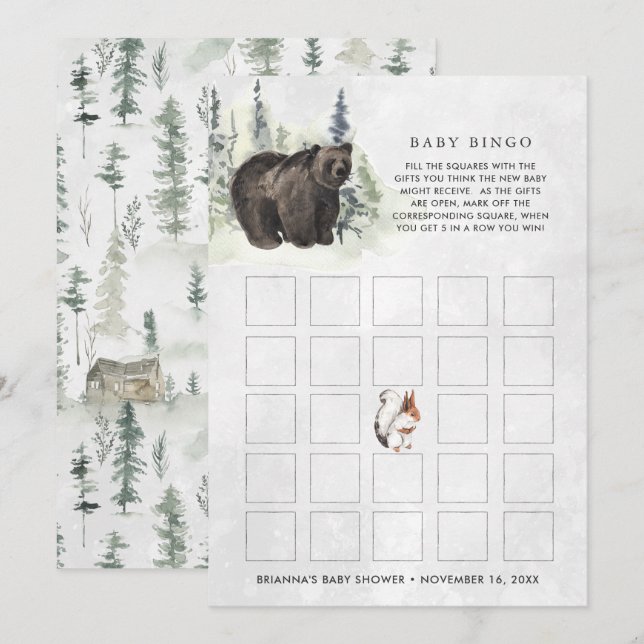 Tarjeta de bingo para baby shower | Bosque rústico (Anverso / Reverso)