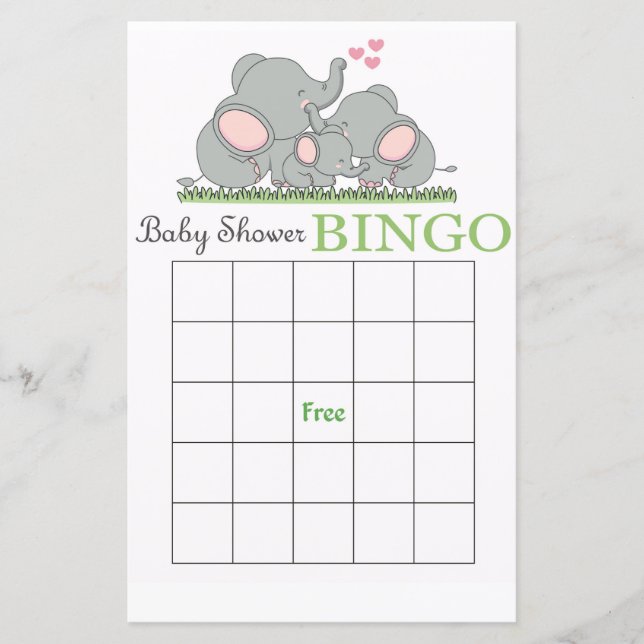 Tarjeta de bingo para la ducha de bebé elefante (Anverso)