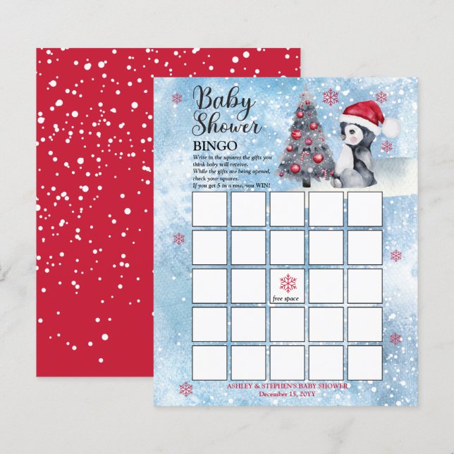 Tarjeta de bingo para niño de invierno de Penguin  (Anverso / Reverso)