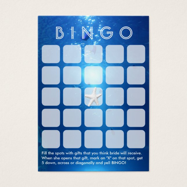 Tarjeta de bingo para novias con tema del mar azul (Frente)