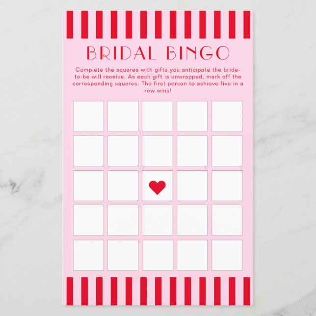Tarjeta de bingo Retro Red & Pink Stripes Bridal S (Anverso)
