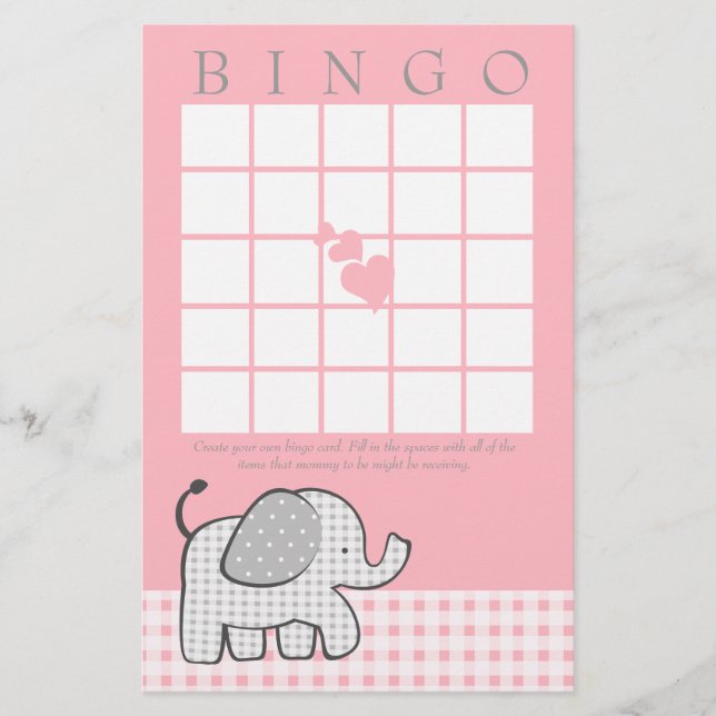 Tarjeta de Bingo Rosa Gingham Elephant (Anverso)