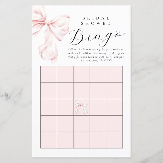 Tarjeta de Bingo Rubor Pink Bow Bridal Shower Gift (Anverso)
