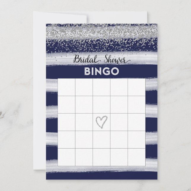 Tarjeta de Bingo Silver y Navy Blue Bridal Shower (Anverso)